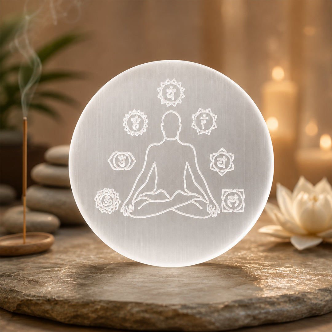 Selenite Plate – 7 Chakra & Yogi Symbol