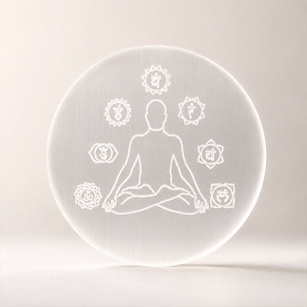 Selenite Plate – 7 Chakra & Yogi Symbol