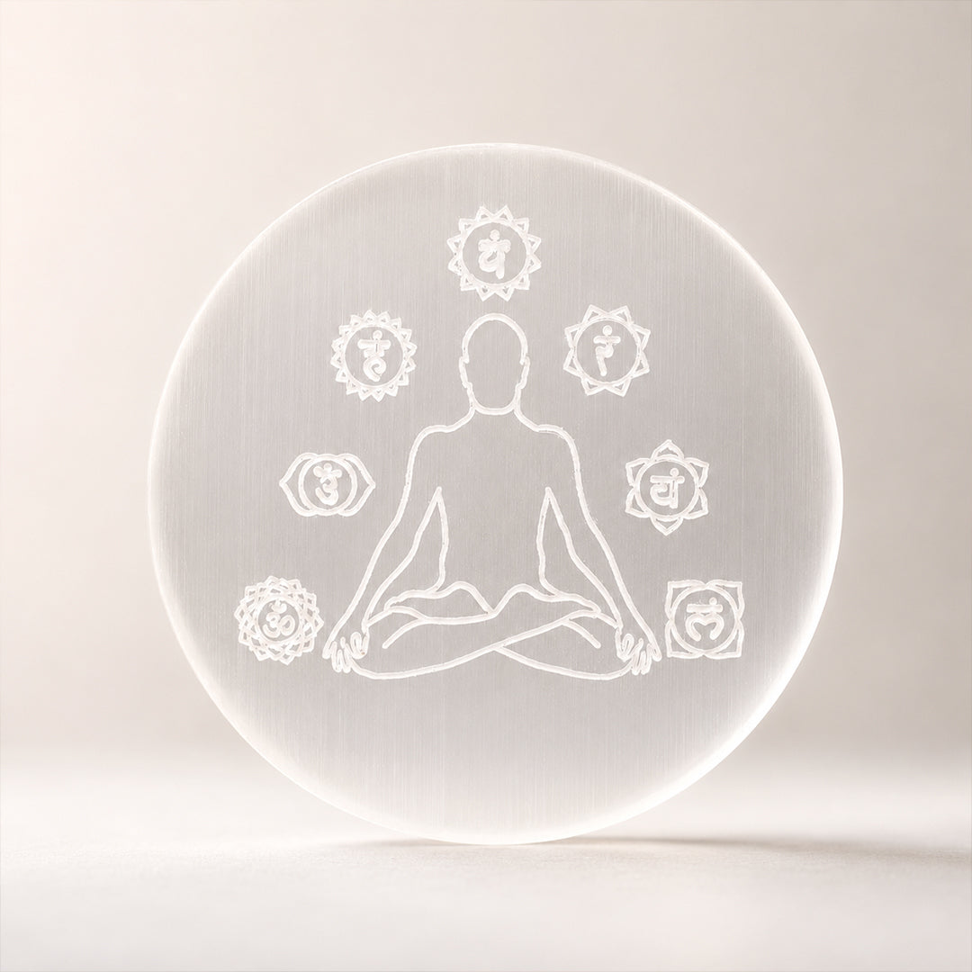 Selenite Plate – 7 Chakra & Yogi Symbol