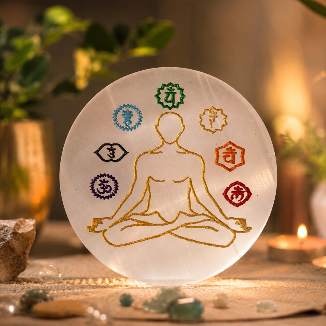 Selenite Plate – 7 Chakra &amp; Yogi Symbol