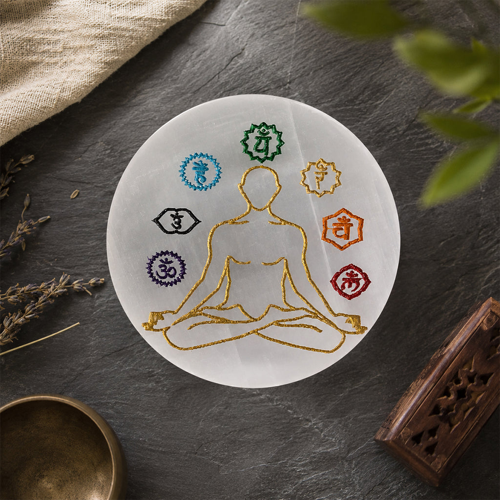 Selenite Plate – 7 Chakra &amp; Yogi Symbol