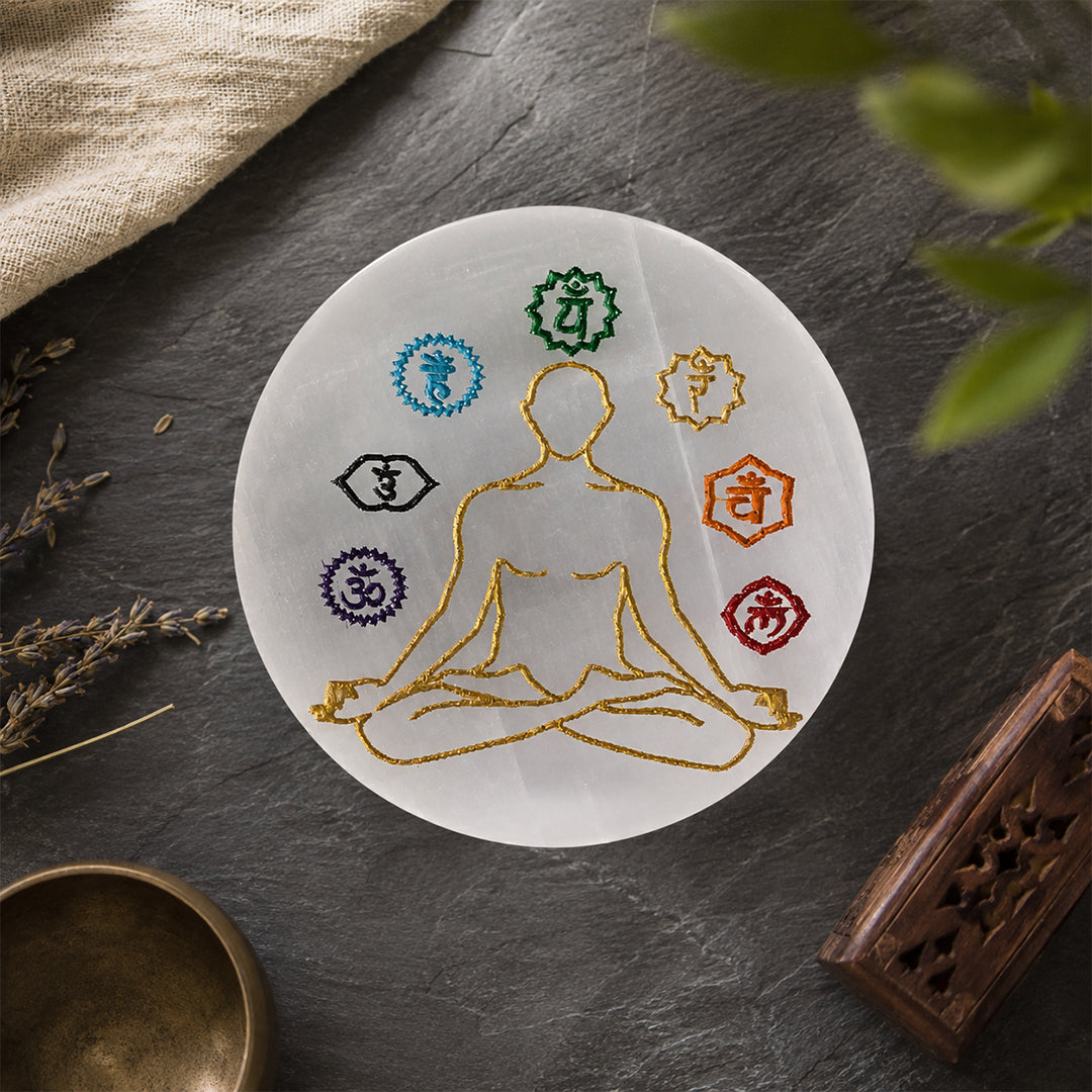 Selenite Plate – 7 Chakra &amp; Yogi Symbol